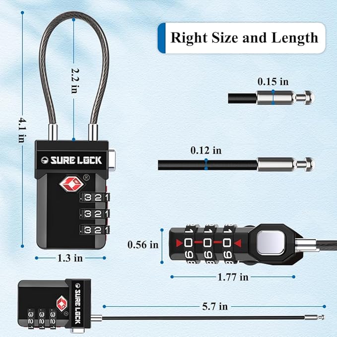 SURE LOCK TSA Approved Luggage Locks – 3-Digit Combination Cable Lock with Red Indicator, Large Dial & Easy-Press Button for Suitcases and Backpacks – Multi-Pack & Color Options