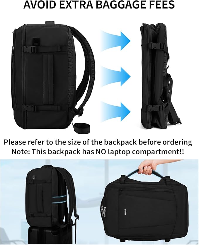 ECOHUB 17'' Small Travel Backpack, United Airlines Personal Item Bag 16.7"x10"x8" with 13 Pockets Carry on Backpack with USB Port Luggage Sleeve Travel Essentials for Men Women Water Resistant, Black