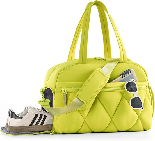Gym Bag for Women, Puffer Travel Duffle Bag With Shoes Compartment & Wet Pocket, Carry On Tote Bag For Weekender, Overnight, Sport (Neon Lime, Medium)