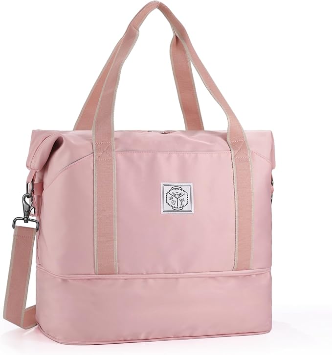 WALNEW Travel Duffel Bag, Weekender Overnight Carry On Bag for Women Men, Foldable Waterproof Gym Luggage Duffle Bag with Metal Buckle Detachable Shoulder Strap and Wet Compartment (Pink)