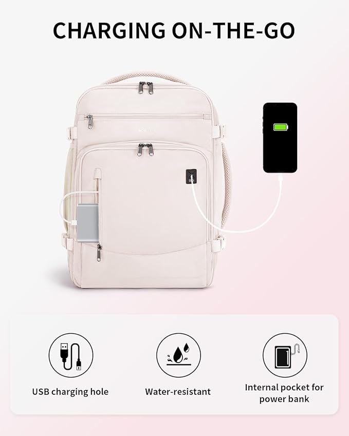 ECOHUB Travel Backpack for Women, 18x14x8 Spirit Airlines Personal Item Bag with Clear Toiletry Bag, Laptop Carry on Backpack with USB Port, Airline Approved Under Seat 14 Pockets 30L, Beige