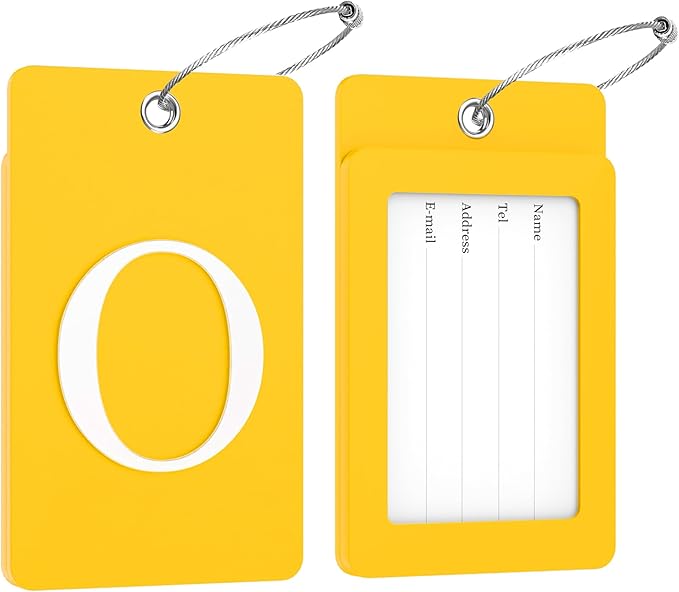 Gostwo 2 Pack Luggage Tags for Suitcases, 26 Initial Letter Travel Luggage Baggage Identification Labels ID Tag Fully Bendable Tags with Stainless Steel Loop (Yellow) (Letter O)