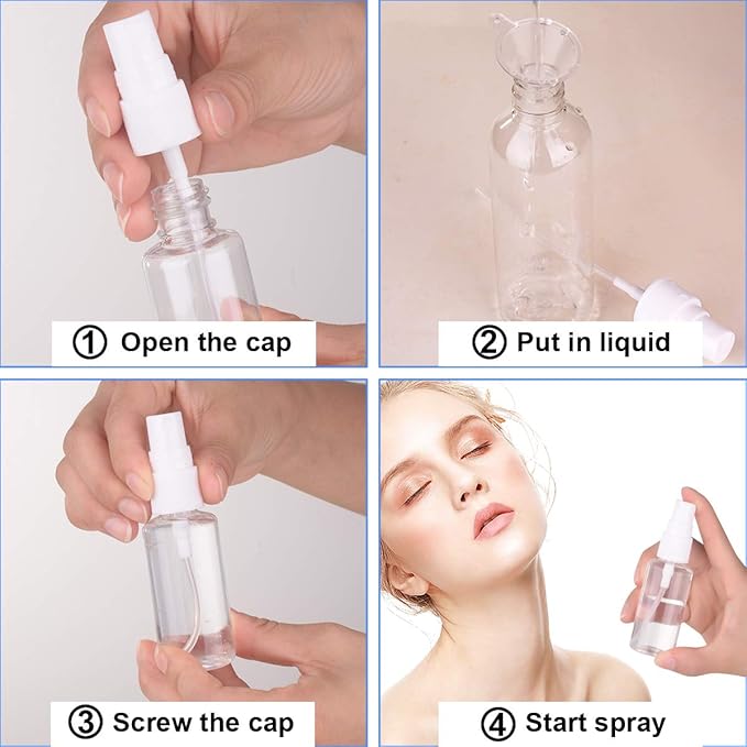 Exptolii Spray Bottle, 1oz/30ml Small Plastic Fine Mist Spray Bottles, Mini Empty Travel Bottles with Funnels and Labels 6 Pack