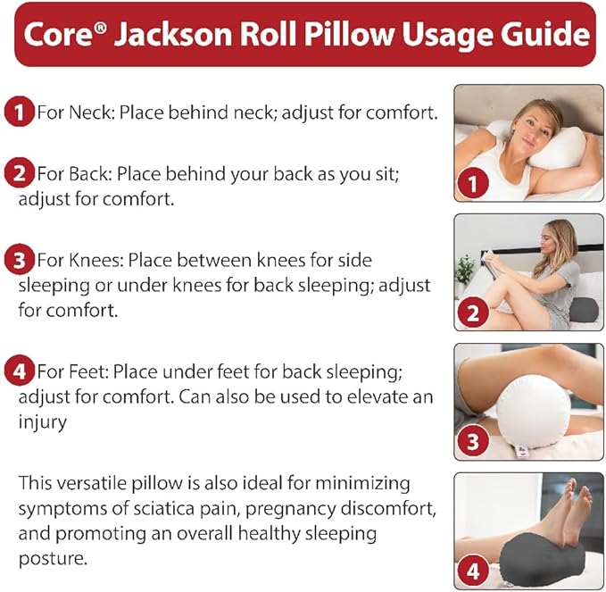 Core Products Jackson Roll Orthopedic Bolster Pillow - Neck, Back, Leg, Knee & Arm Support – Cervical & Lumbar Roll for Pain Relief, Spinal Alignment & Travel Comfort for Bed or Chair- Gray