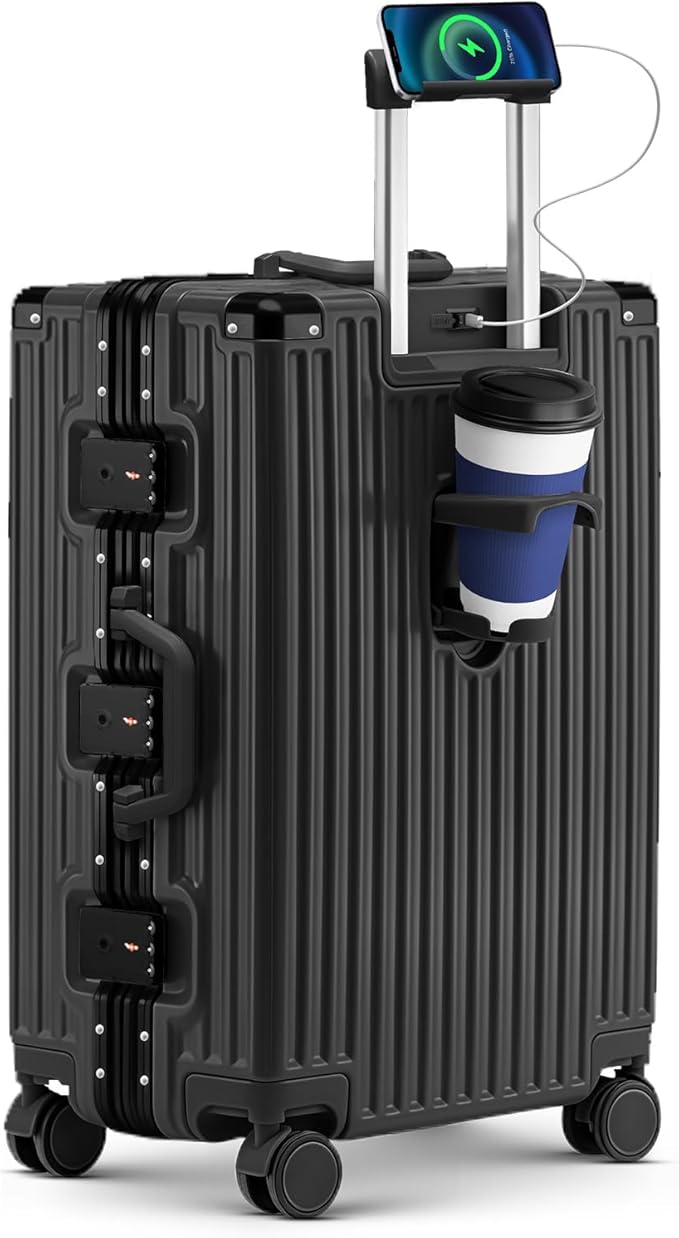 Zipperless Suitcase, 28 Inch Checked Luggage, Hardshell Aluminum Frame Polycarbonate Luggage with Phone Holder, Cup Holder, Charging Port, TSA Lock, Spinner Wheels for Vacations, Black