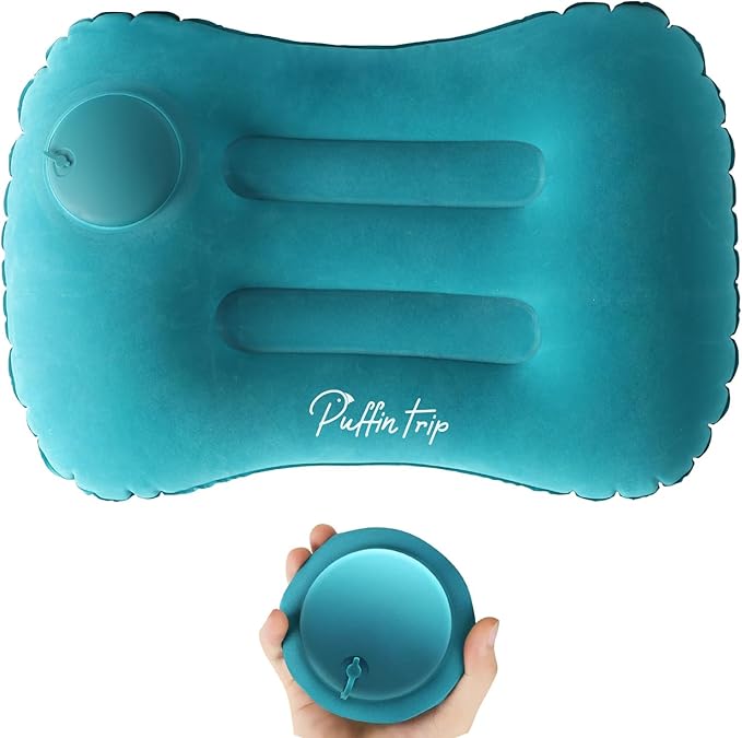 Ultralight Inflatable Travel Pillow Press to Inflate Compressible Neck and Lumbar Support While Camping Driving Sleeping Peacock Blue