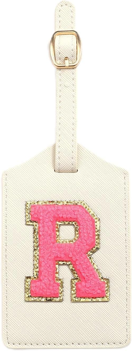Initial Luggage Tag, PU Leather Luggage Tag, Embroidered Luggage Tag, Letter Luggage Tag, Monogrammed Luggage Tag, Luggage Tag for Baggage Bag Suitcase (R, White Leather+Rose Red Letter)