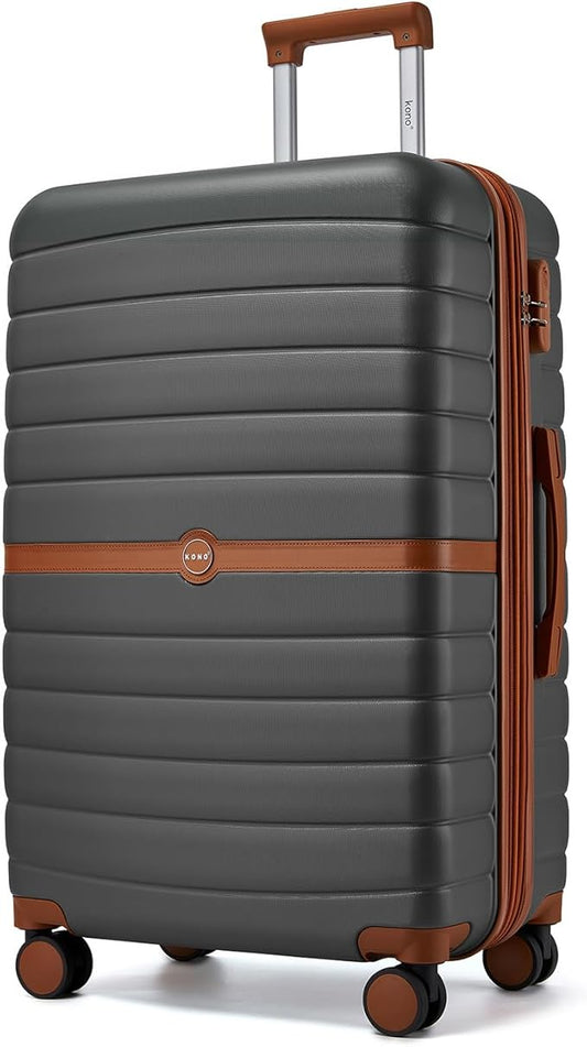 Kono Expandable 28 Inch Luggage with Spinner Wheels, Large Checked Luggage with Lock, Lightweight & Anti-Scratch PC+ABS Hardshell Travel Suitcase, Grey/Brown
