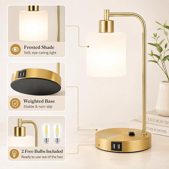 Set of 2 Industrial Touch Control Table Lamps with 2 USB Ports and AC Outlet - 3-Way Dimmable Gold Bedside Lamps Nightstand Desk Lamps for Bedroom Living Room, Opal Glass Shade & 2 LED Bulbs Included