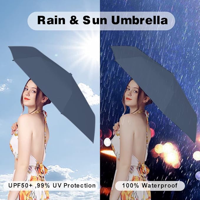 ESUFEIR Mini Sun Umbrella for Purse With Case, Small Compact UV Umbrella Travel Essentials, Lightweight Portable Parasol Windproof for Women Men Kids (Haze blue)