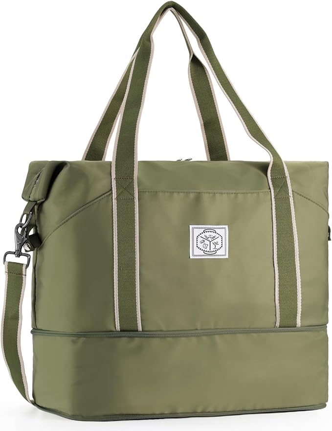 WALNEW Travel Duffel Bag, Weekender Overnight Carry On Bag for Women Men, Foldable Waterproof Gym Luggage Duffle Bag with Metal Buckle Detachable Shoulder Strap and Wet Compartment (Army Green)