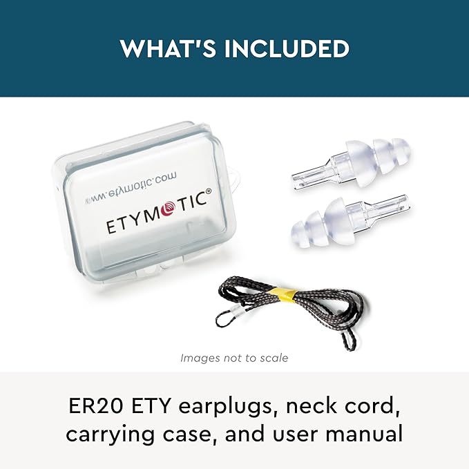Etymotic ER20 ETY Earplugs - Standard Size, Clear - High-Fidelity Hearing Protection - Up to 20 dB Sound Reduction - Reusable - Includes Neck Cord & Carrying Case