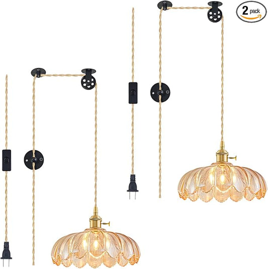 2 Pack Plug in Pendant Light Fixtures, Hanging Light Fixture Glass Pendant Light, Vintage Amber Hanging Lamp, Pendant Lighting for Kitchen Island, Bedroom, Dining Room, Living Room