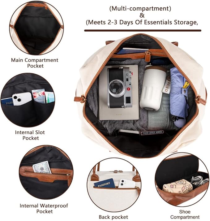 MyMealivos Canvas Weekender Bag for Women, Large Overnight Travel Carry on Duffel with Shoe Compartment & Toiletry Bag, Durable & Dirt-Resistant Personal Item Bag for Airplanes, Luggage Sleeve