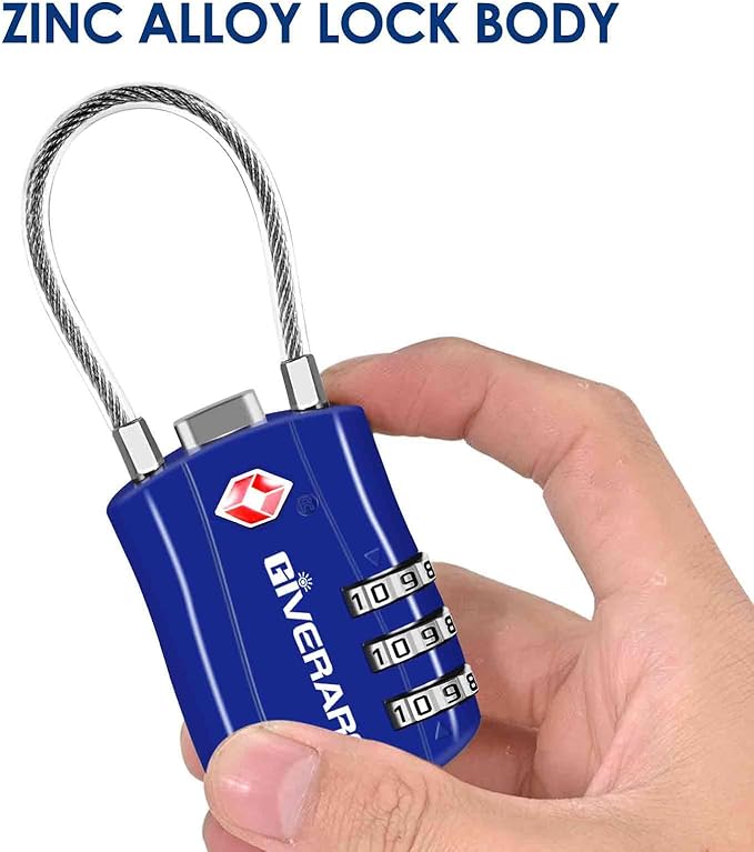 GIVERARE 2 Pack TSA Approved Luggage Locks, Combination Travel Cable Lock, Re-settable 3-Digit Padlocks with Alloy Body, Keyless TSA Padlock for Gym Locker, Golf Bag Case-Blue