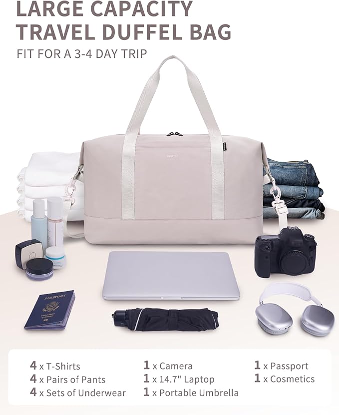 ECOHUB Travel Duffel Bag, Water Resistant Weekender Bag Carry On Bags for Women, Sport Gym Bags for Men, Hospital Bag for Labor and Delivery, Overnight Bag Luggage Bag with Trolley Sleeve, 30L Beige