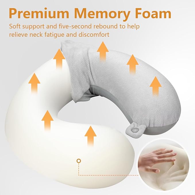 Travel Pillow, Memory Foam Neck Pillow for Traveling Winter Summer, U Shape Neck Pillow Airplane Portable Flight Pillow Adult Travel Neck Pillow for Plane Train Car Home Office - Grey