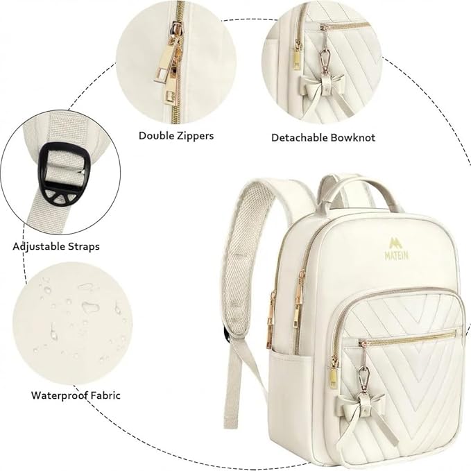 MATEIN Cute Backpacks for Women, Mini Stylish Daypack Purse, Waterproof Anti-theft Travel Casual Daily Rucksack Shoulder Handbag for Work College Dating, 2pcs Sets, Beige