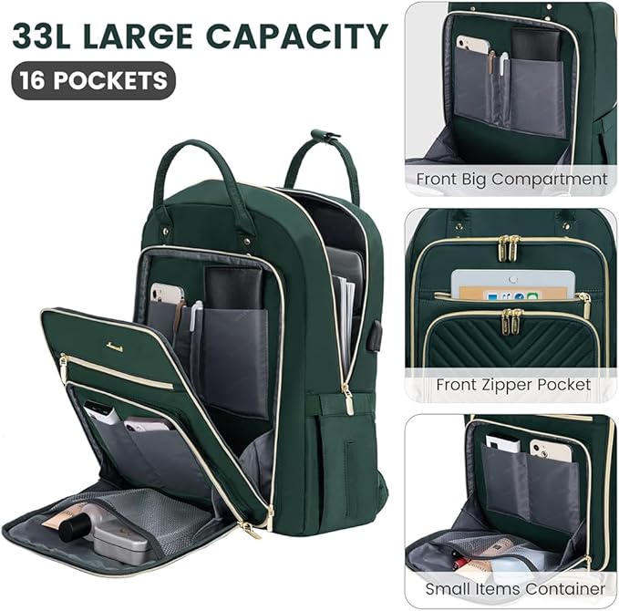 LOVEVOOK Laptop Backpack for Women, Water Resistant Travel Work Backpacks Purse Stylish Business Teacher Nurse Computer Bag with USB Charging Port,Dark Green
