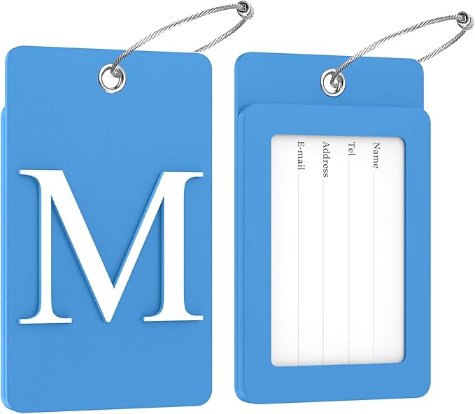 Gostwo 2 Pack Luggage Tags for Suitcases, 26 Initial Letter Travel Luggage Baggage Identification Labels ID Tag Fully Bendable Tags with Stainless Steel Loop (Blue) (Letter M)