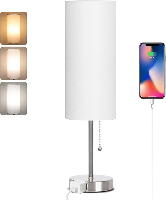 Dott Arts 18" Table Lamp for Bedroom, 3-Color Bedside Lamps with Pull Chain | Bedroom Table Lamps for Nightstand,AC Outlet Small Lamp for Living Room, Bulb Included Nickle