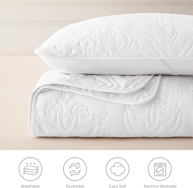 Whale Flotilla Cal King Quilt Set Vintage Damask Reversible Bedspread | Suitable for Bed, 3 Pieces White Lightweight Breathable Oversized Quilts, Ultrasonic Coverlet Bed Cover with 2 Pillow Shams