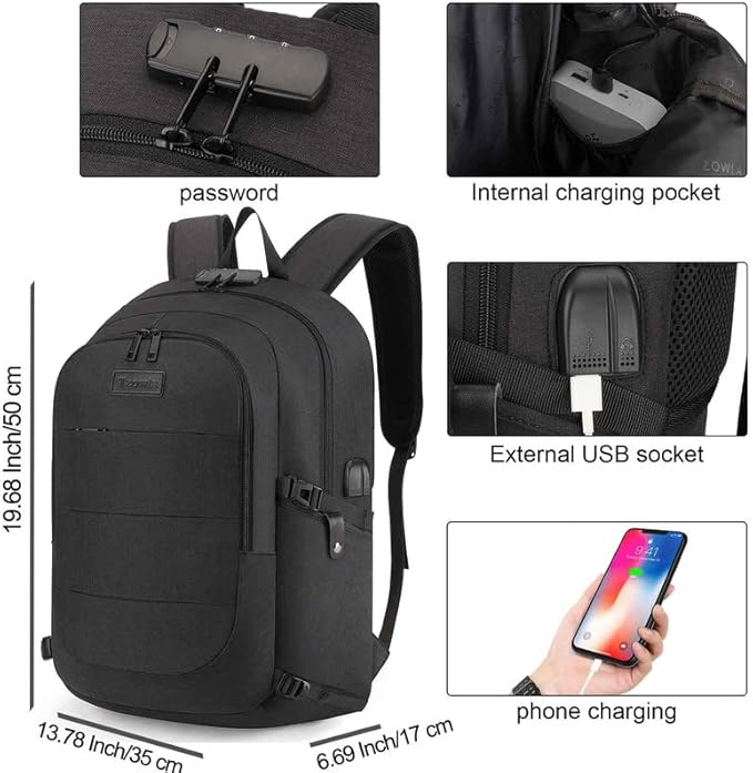 Tzowla Travel Laptop Backpack Water Resistant Anti-Theft Bag with Giant Tumbler Holder Pocket and Lock 15.6 Inch Computer Business Backpacks for Women Men Work College,Casual Daypack(Black)