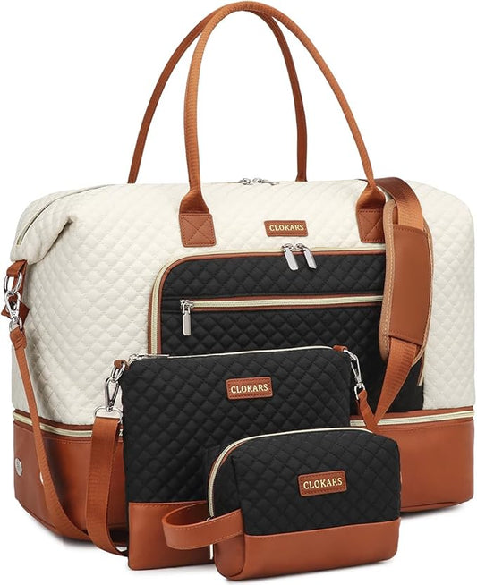 Weekender Bags for Women, Travel Duffle Bag Carry On Overnight Bag with Cosmetics Bag and Crossbody Purse for Gym Hospital, Gifts for Women, Beigeblack Brown