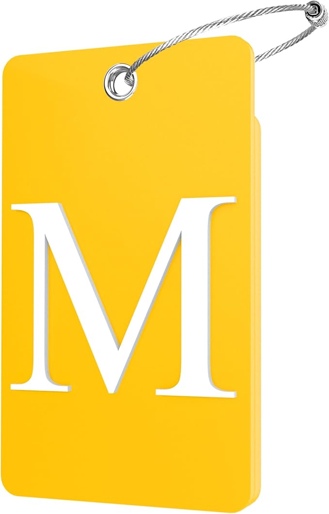 Gostwo 2 Pack Luggage Tags for Suitcases, 26 Initial Letter Travel Luggage Baggage Identification Labels ID Tag Fully Bendable Tags with Stainless Steel Loop (Yellow) (Letter M)
