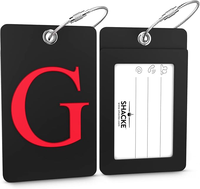 Shacke Luggage Tag Initial - Fully Bendable Tag w/Stainless Steel Loop - Black (Letter G)