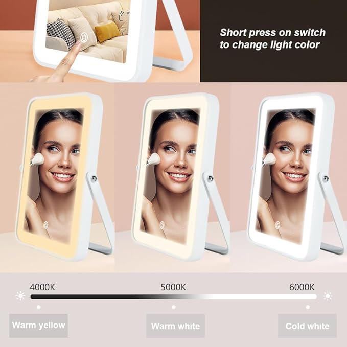 YEKKOPT Rechargeable Vanity Mirror with Lights,Desk Makeup Mirror with Lights,Portable Travel for Makeup Desk ＆ Dressing Room,3 Color Lighting, Dimmable Touch Screen