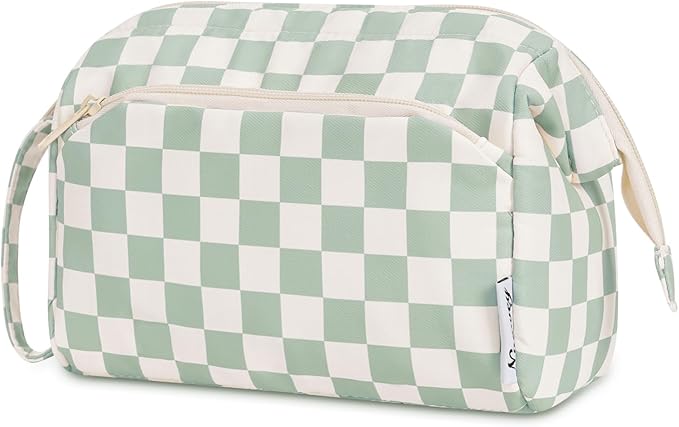Narwey Makeup Bag Women Girls, Travel Toiletry Bag for Women Cosmetic Bag Organizer Make up Bag with Compartments Toiletries Medicine Bag (Mint Green Checkerboard)