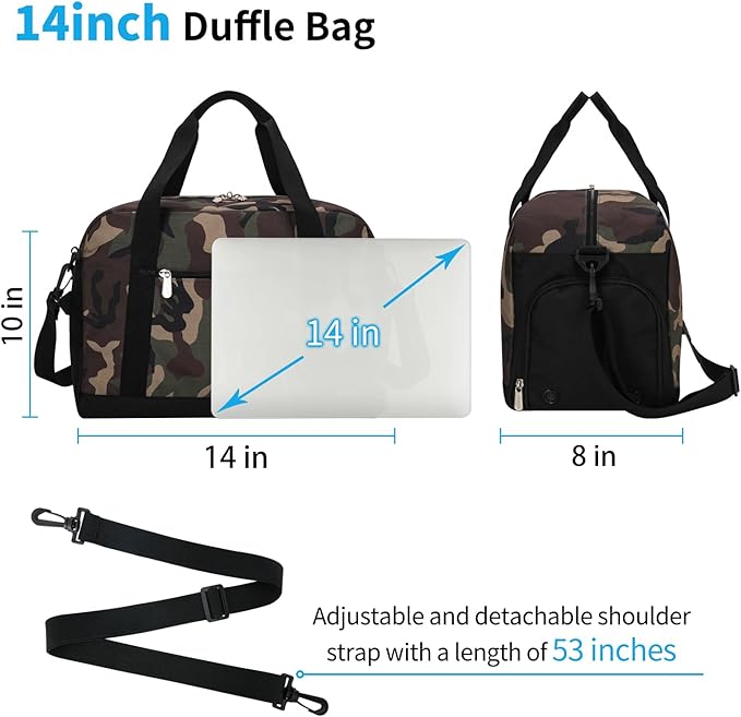 Small Gym Bag 14 inch lightweight Carry On Mini Duffel Bag with Shoe Compartment for Travel Sport - Camouflage