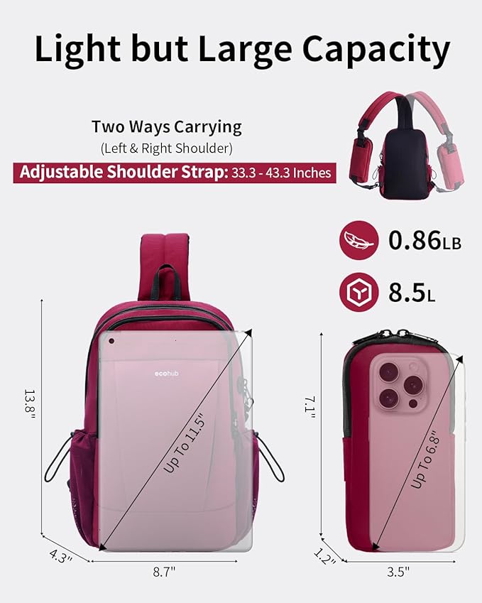 ECOHUB Anti-Theft Crossbody Bag Men Women, RFID Blocking Lightweight Sling Backpack Eco-Friendly with 9 Pockets Sturdy SBS Zippers Water Resistant for Travel Work Hiking Outdoor, Red
