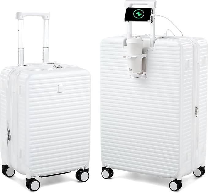 HanTrip Hard Shell Suitcases Expandable Travel Luggage Sets 2 Piece, Carry on and Check in Luggage Lightweight Suitcase Set 2 Piece with Wheels Cup Holder Charger Built in (White, 20/28)
