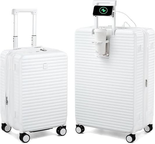 HanTrip Hard Shell Suitcases Expandable Travel Luggage Sets 2 Piece, Carry on and Check in Luggage Lightweight Suitcase Set 2 Piece with Wheels Cup Holder Charger Built in (White, 20/28)