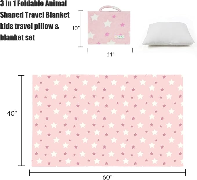 3-in-1 Kids Travel Blanket and Pillow Set - 40x60 Inches Soft Pink Star Design,Kids Travel Blanket Airplane Compact with Bag, Potable Pillow Blanket for Travel Airplane Train Bed Office