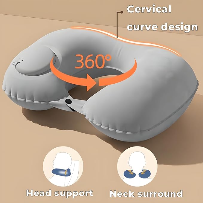 Portable Inflatable Neck Pillow for Travel - Quick-Inflate Airplane Pillow, Compact Adjustable Support for Flights Cars Trains