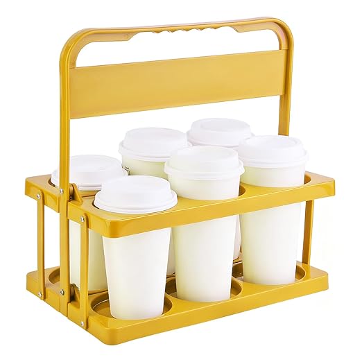 Bodaon 6 Cup Drink Carrier with Handle, Plastic Cup Holders for Take Out Delivery Drivers, Reusable Foldable Car Drink Caddy, Leakproof Food Delivery Accessories, 360° Secure Grip, Yellow