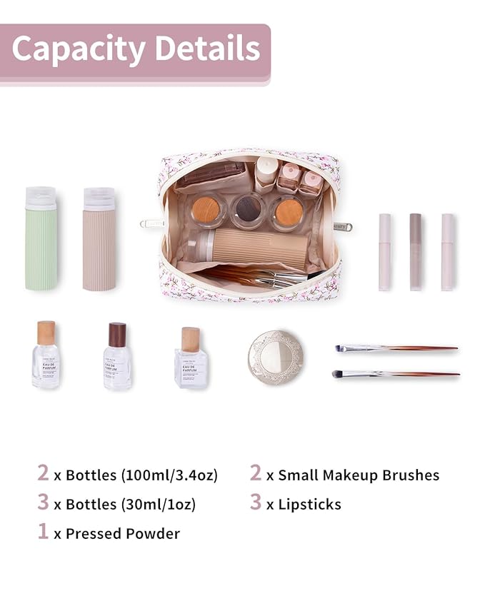 Narwey Small Cute Floral Makeup Bag for Purse Mini Cosmetic Bag Travel Makeup Pouch Zipper Pouch Cute Make up Bags with Compartments for Women Girls (Pink Flower, Small)