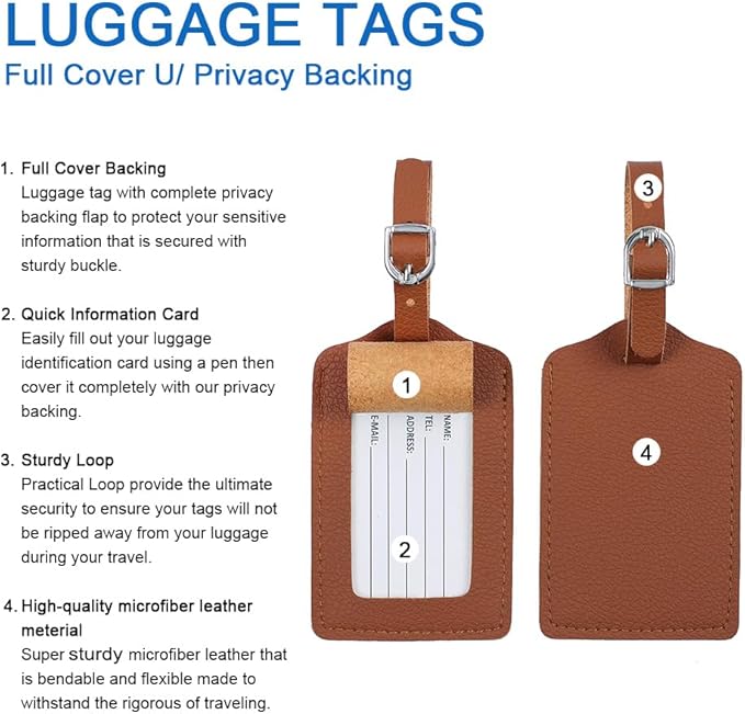 Vigorport Luggage Tag，Leather Identifiers Travel Tags for Suitcase,Bag Tags with Name Card Holder-Set of 4