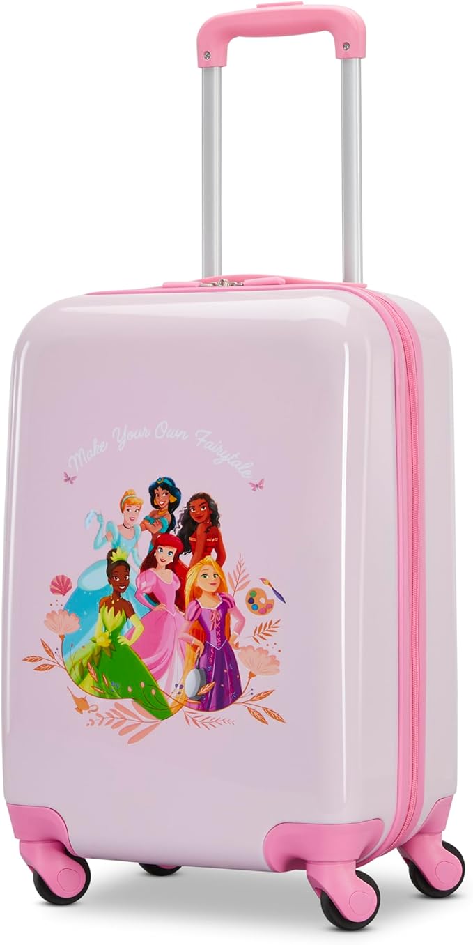 American Tourister Disney Princess Carry-On Luggage - Airline Approved, Durable Hardshell with Disney Princess Favorites - Roll Confidentially with Spinner Wheels & Colorful Adjustable Handle