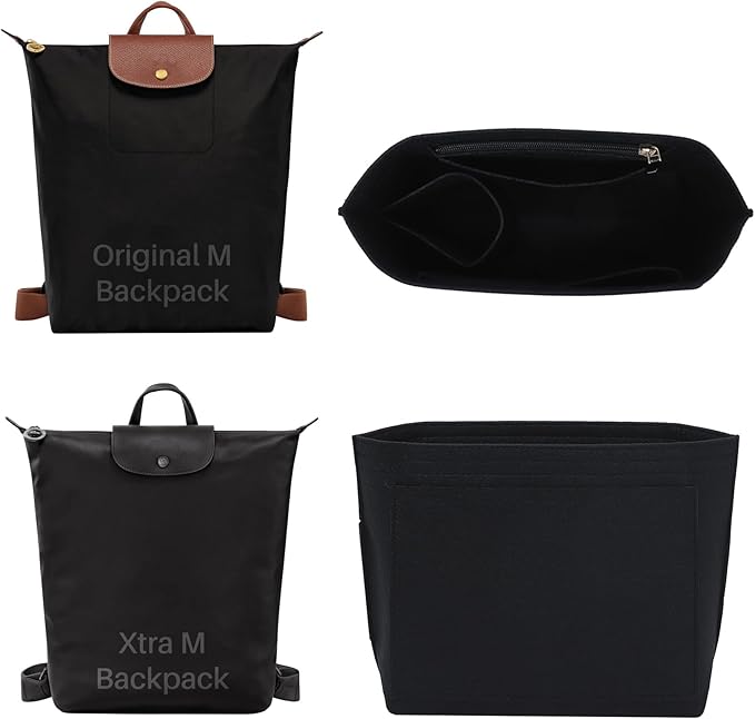 Premium Felt Purse Organizer Insert for Longchamp Le Pliage, Zipper Long Champ Bag Organizer Insert with Cup Holder, 8 Compartments