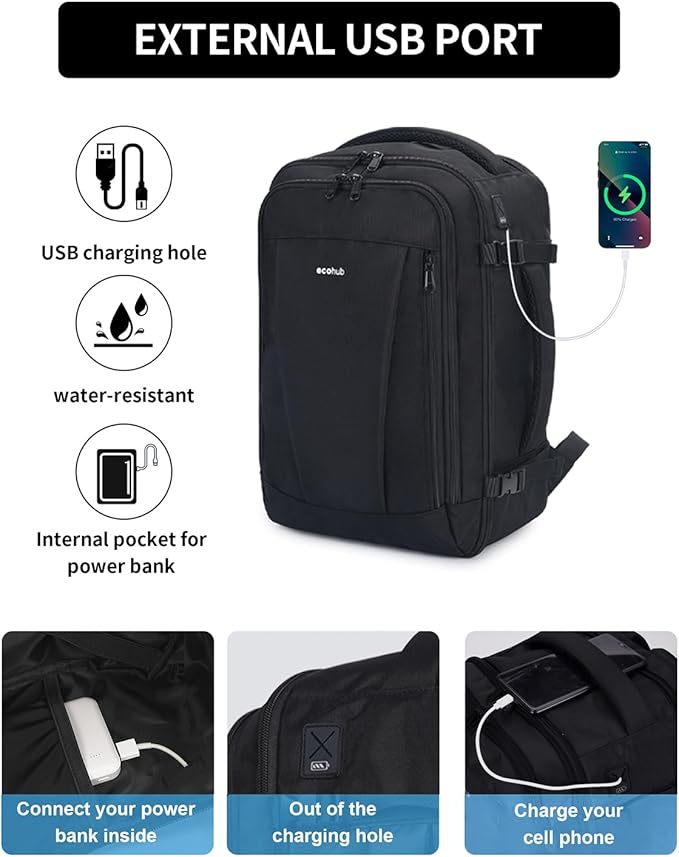ECOHUB 17'' Small Travel Backpack, United Airlines Personal Item Bag 16.7"x10"x8" with 13 Pockets Carry on Backpack with USB Port Luggage Sleeve Travel Essentials for Men Women Water Resistant, Black