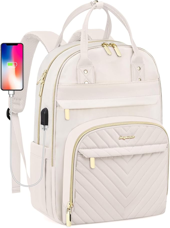 Laptop Backpack for Women Work Bag - 15.6 inch Travel Backpack with USB Charger Business Computer Backpacks for Office College Back pack for Teacher Casual Waterproof Bookbag for Nurses Beige