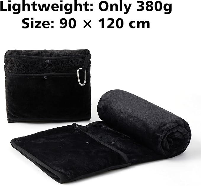 Travel Blanket with Carry Bag, Lightweight Wearable Airplane Blanket, Soft Packable Throw for Travel & Office Black