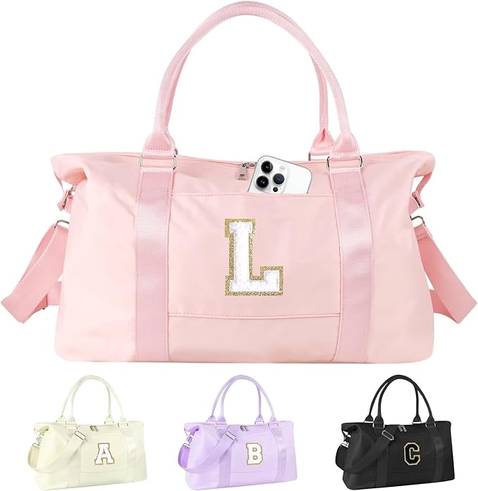Dance Gym Duffel Bag for Teen Girls, Personalized Initial Travel Weekender Bag,Cute Overnight Carry On Duffle for Women,Sports Travel Cheer Bag,Monogram Christmas Gifts for Tween Preppy(pink-L)