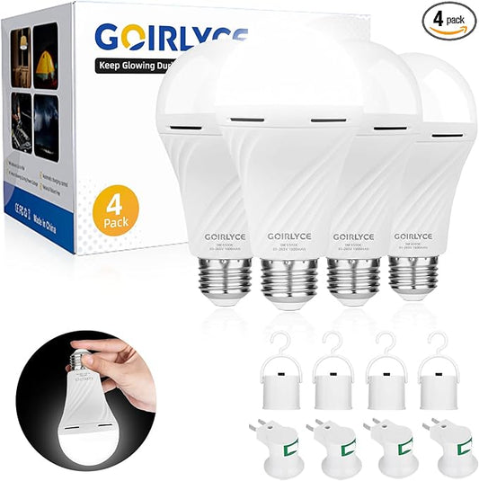 4Pack Rechargeable Emergency Light Bulbs, LED Battery Backup Bulb for Lamps | Emergency Light Bulb 9W Daylight E26/E27 6500K 1500mAh Operated Light Bulb for Home Power Outage Camping Hurricane Hiking