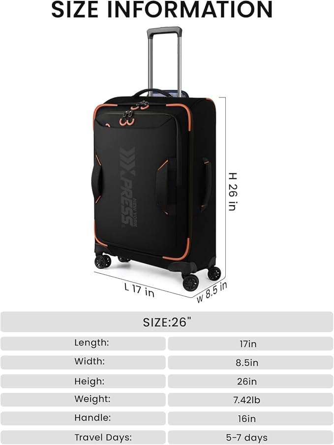 26'' Softside Rolling Luggage with Double Spinner Wheels,Waterproof,Lightweight Travel Suitcase for Men Women（Black,26in）