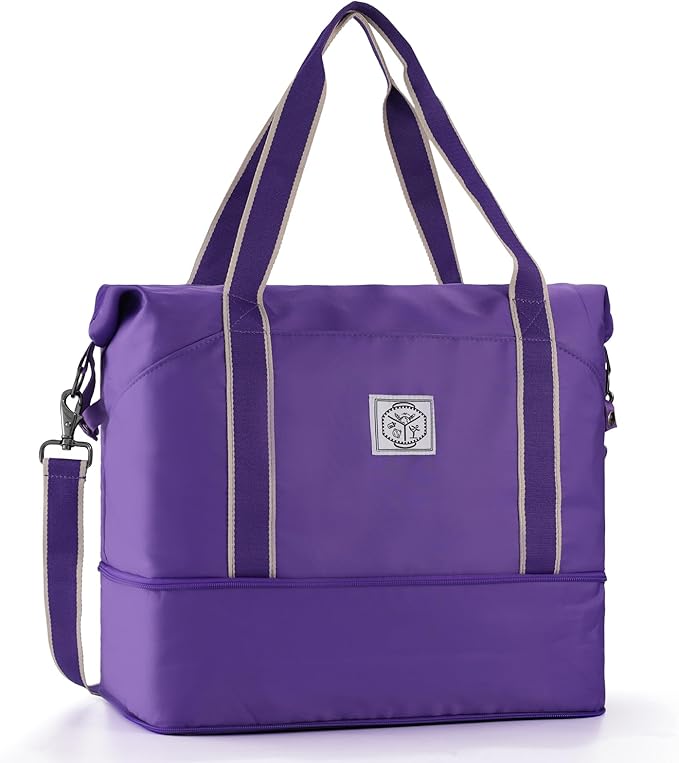 WALNEW Travel Duffel Bag, Weekender Overnight Carry On Bag for Women Men, Foldable Waterproof Gym Luggage Duffle Bag with Metal Buckle Detachable Shoulder Strap and Wet Compartment (Purple)
